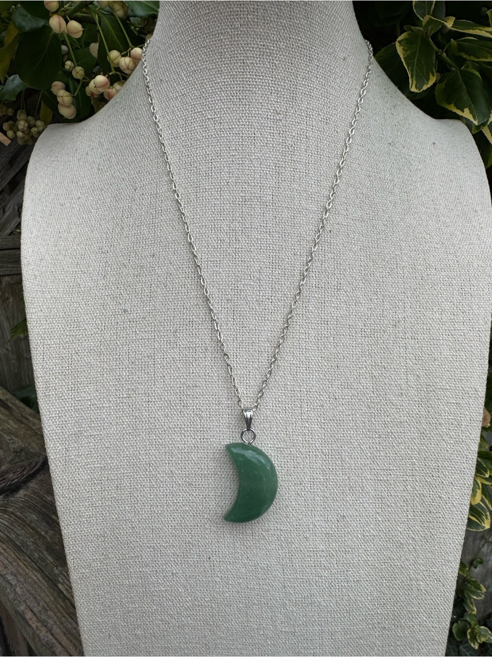 Green Aventurine Crescent Moon Crystal Pendant Necklace - Silver Tone